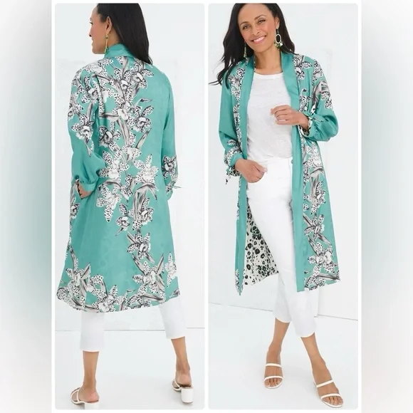 Chicos Reversible Floral To Animal-Print Duster Jacket size size 2 (12-14) - Picture 1 of 14